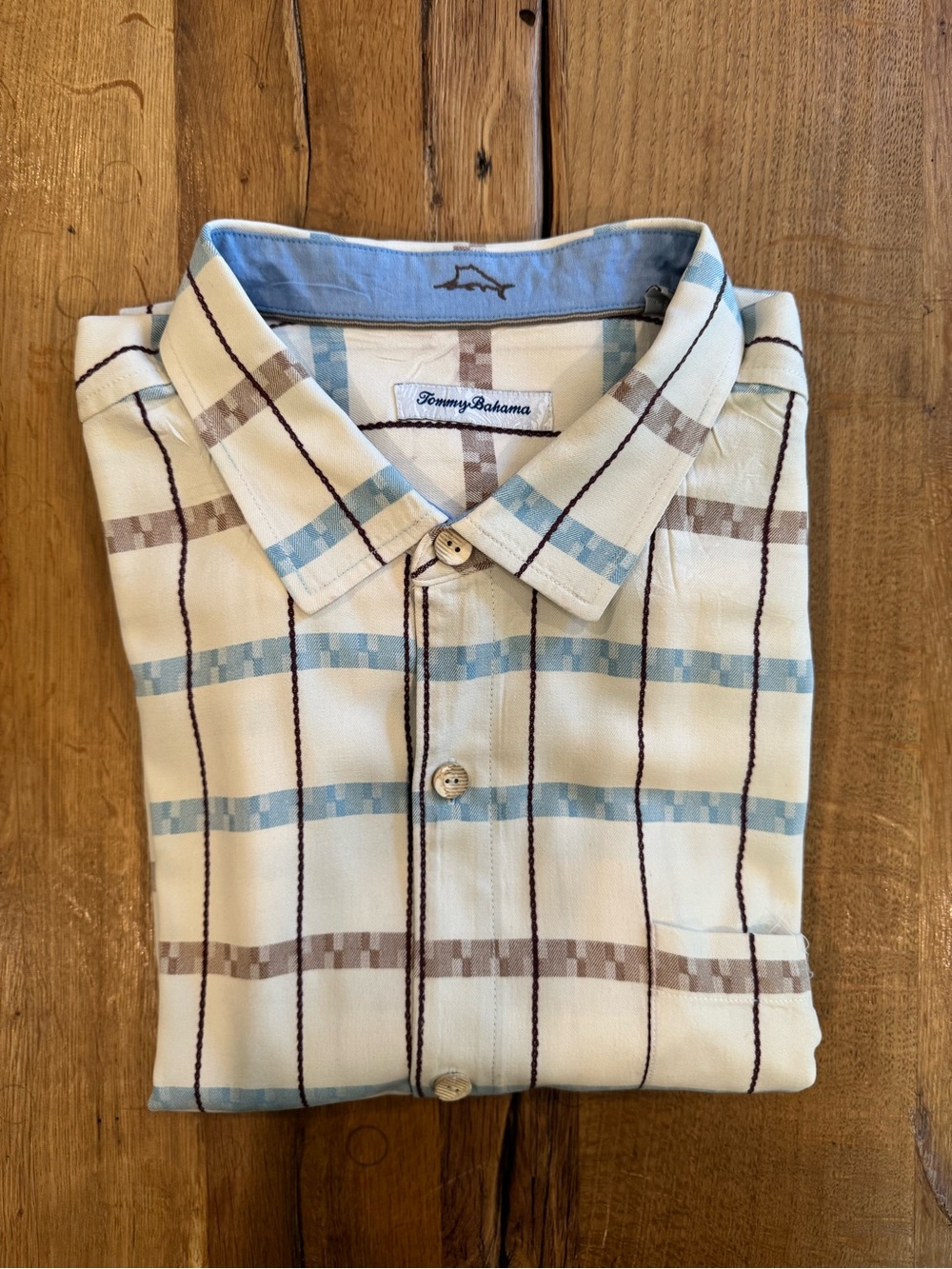 Tommy Bahama Cream Plaid 100% Short-Sleeve Button-Up with